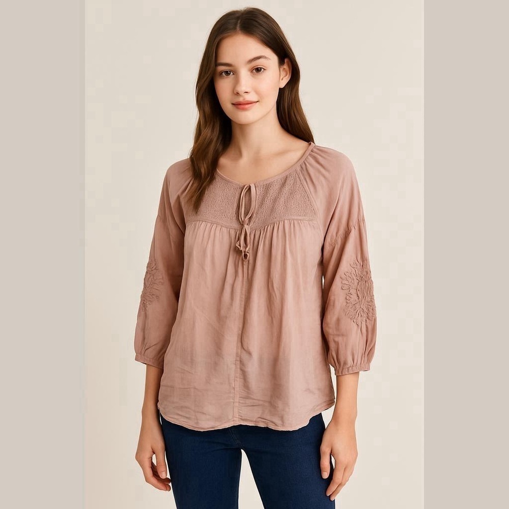 Solitaire Dusty Pink 3/4 Sleeve Tie Front Smocked Peasant Blouse Sz M Boho